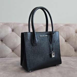 Michael Kors Mercer Small Black Pebbled Leather Satchel with Lock Charm